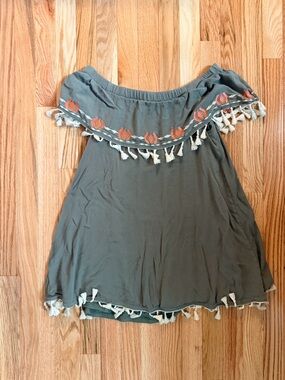 Off-Shoulder Tassel Trim Women’s dress-Olive